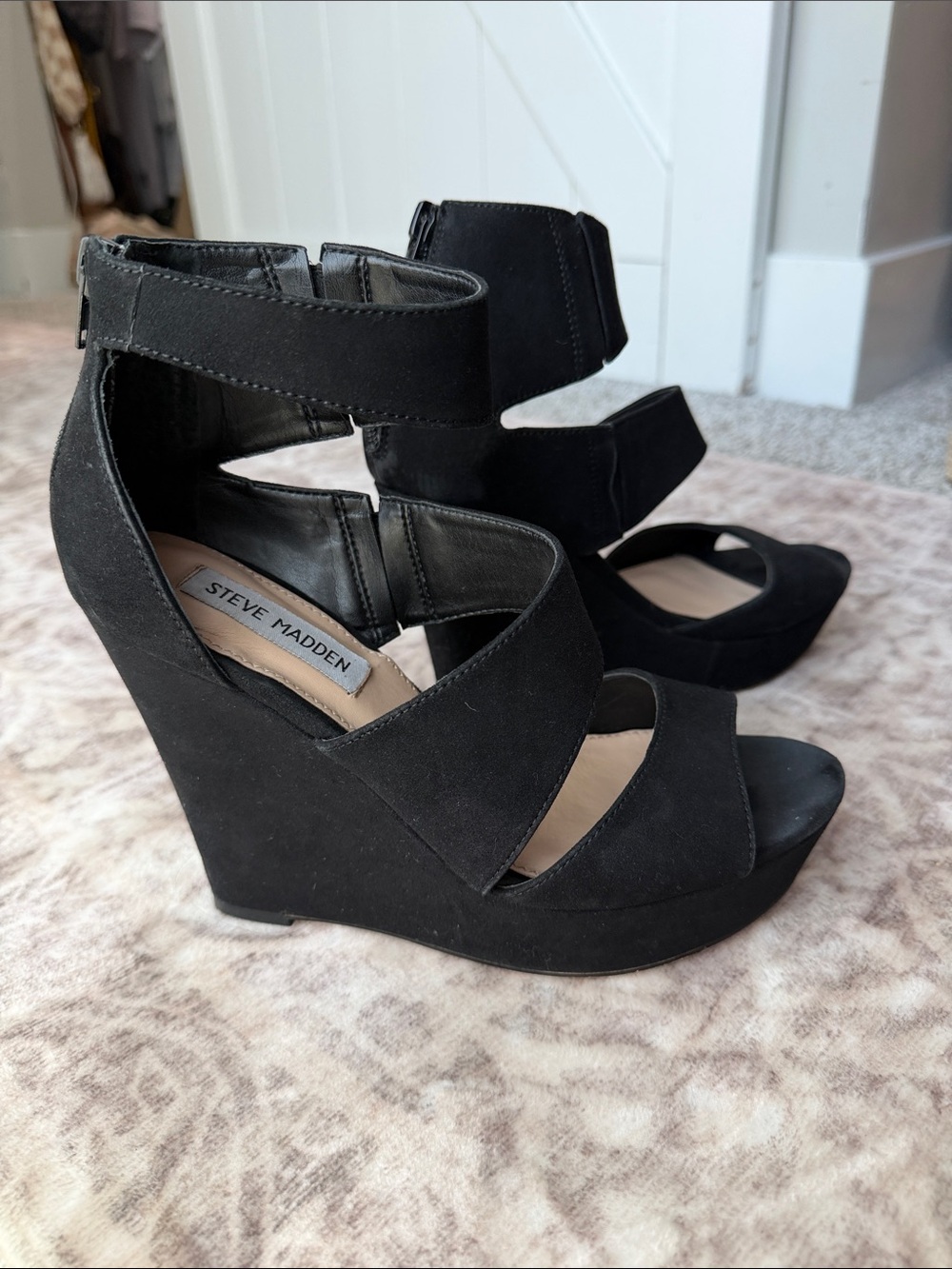 Steve Madden Black Suede Strappy Wedge Sandals with Ankle Cuffs